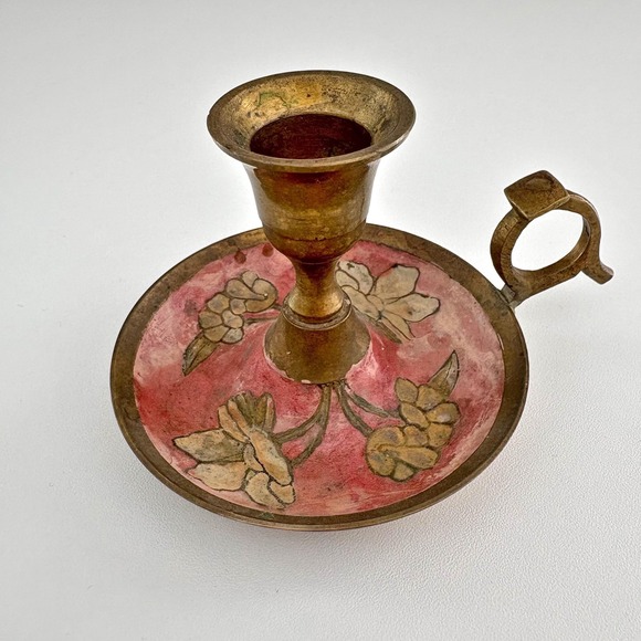 Vintage Brass Chamber Stick Candle Holder with Floral Enamel Design Hand Painted - Picture 1 of 5
